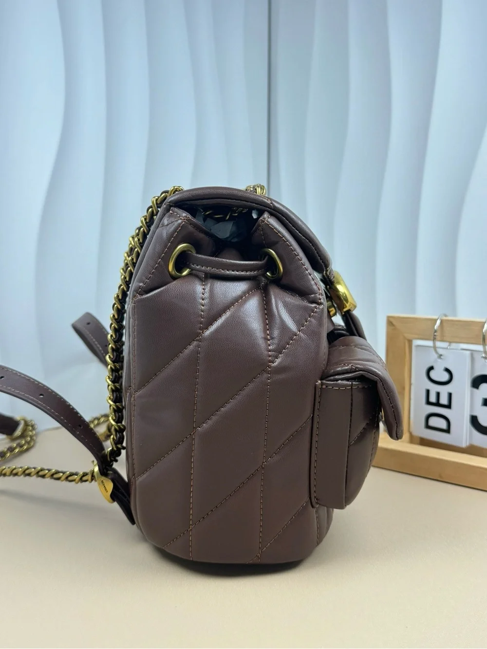 Quilted Brown Women's Backpack Handbag with Gold Hardware